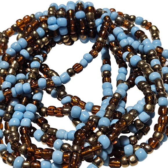 Handmade Multi Strand Seed Beaded Stretch Bracelet Light Blue Bronze Beads Women - Picture 3 of 4